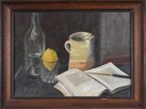 a painting of a book and a lemon on a table