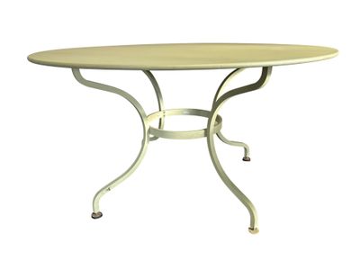 une image représentant une table ronde avec un plateau blanc et des pieds en métal