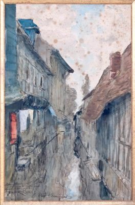 painting of a narrow street in a city with buildings on either side of it