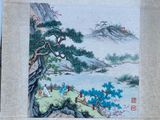 peinture chinoise représentant un paysage avec une rivière et des montagnes en arrière-plan