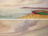 painting of two boats on a beach near the ocean
