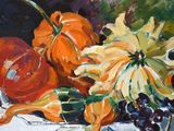 a painting of a bowl of fruit and flowers on a table
