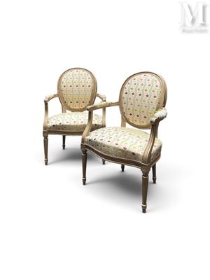 paire de chaises anciennes avec des coussins rembourrés à motifs floraux