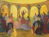 une peinture à l'huile représentant un groupe de personnes jouant d'un instrument dans une pièce