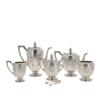 six pieces of silver tea and coffee set on a white background