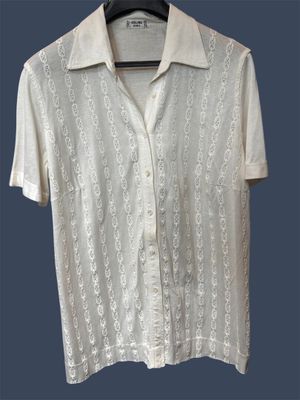 CELINE Chemisier manches courtes en coton blanc et broderies…