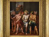 un tableau représentant un groupe d'hommes assis autour d'une table