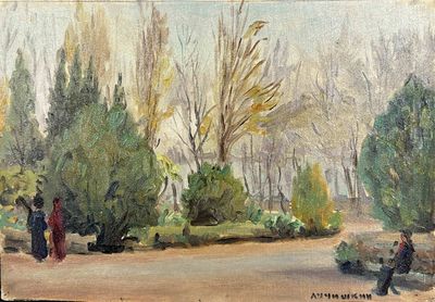 un tableau représentant un couple assis sur un banc dans un parc