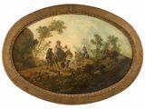 painting of a group of people riding on horses in a wooded area