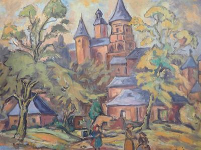 un tableau représentant un château au milieu d'un champ