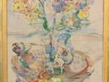 une peinture de fleurs dans un vase sur une table