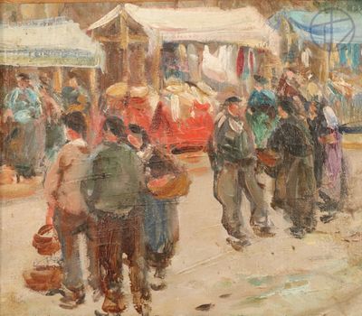 an oil painting of a group of people walking down a street