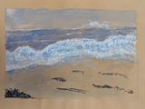 a painting of a beach scene with waves coming in