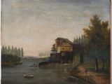 une peinture à l'huile représentant une scène fluviale avec des bateaux sur l'eau et un bâtiment en arrière-plan