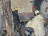 une peinture représentant un homme et une femme assis à une table