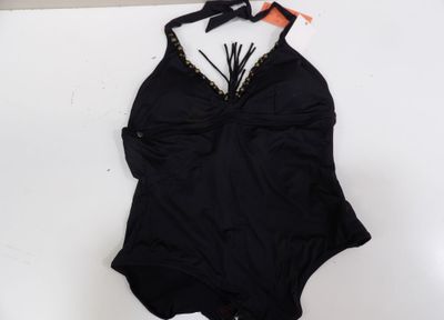 a bathing suit with a bow on the back and a black one piece swimsuit