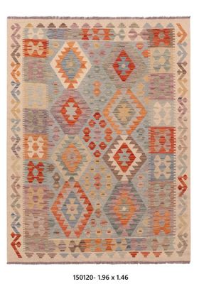 Kilim Afghan en laine couleur couleur gris ,blanc 196 x 146