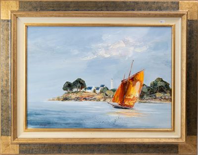 an oil painting of a sailboat on the water with a lighthouse in the background