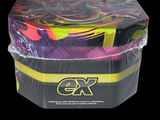 a plastic container that has a purple and yellow design on it