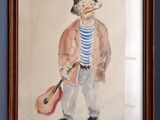 painting of a man holding a guitar and smoking a cigarette