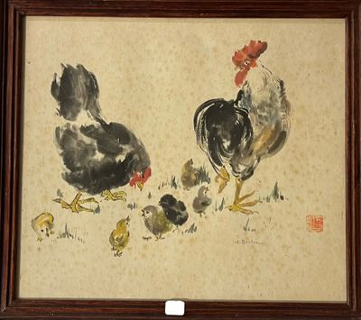 ECOLE INDOCHINOISE - Poule et ses poussins, 35 x 40 cm