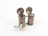 pair of antique silver plated sugar and pepper shakers with spoons