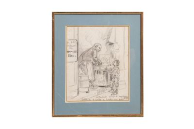 un dessin représentant un homme assis sur une chaise à côté d'un enfant