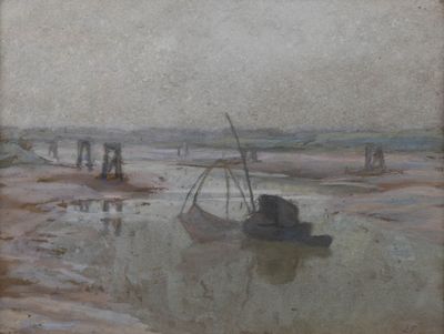 une peinture d'un bateau dans l'eau sur la plage