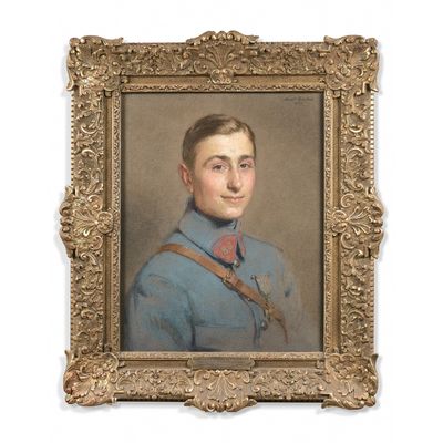 portrait d'un jeune homme en uniforme bleu, dans un cadre doré