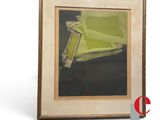 tableau représentant une chaise verte avec un coussin jaune sur fond blanc