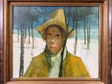 tableau représentant une femme vêtue d'un manteau jaune et d'un chapeau de paille dans une forêt enneigée