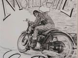 poster of a man riding a motorcycle on the street with a city in the background