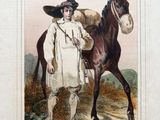 un dessin représentant un homme debout à côté d'un cheval