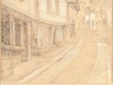 dessin représentant une rue avec des bâtiments et un lampadaire au milieu