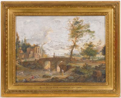a painting of a river scene with a bridge and figures in the foreground