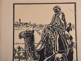 a black and white drawing of a man riding a camel