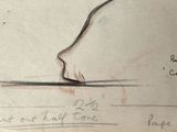 drawing of a cat sitting on top of a table next to a pen and ink