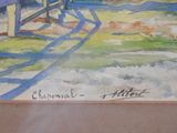 a painting of a bench on the side of the road