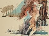 tableau représentant une femme assise sur une chaise, avec un chien en arrière-plan