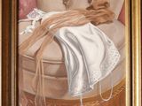a picture of a painting of a chair with a blanket on it