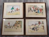 four framed pictures of a man on a horse with a bunch of dogs