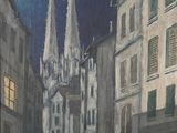a painting of a cat that is walking down the street