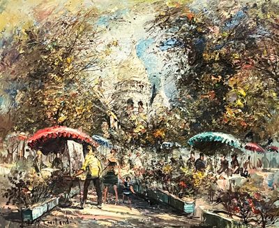 a painting of people walking down the street with umbrellas