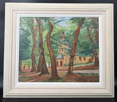 une peinture à l'huile représentant une église entourée d'arbres dans un espace boisé