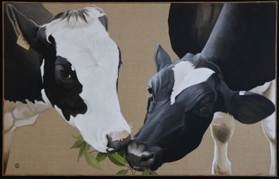 un tableau représentant deux vaches en train de brouter