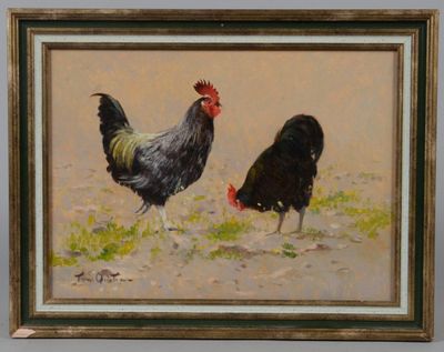 un tableau représentant un coq et une poule dans un champ
