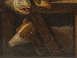 painting of two dogs and a cat sitting at a table in front of a window