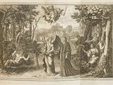 an old book with a picture of a man and a woman in a forest