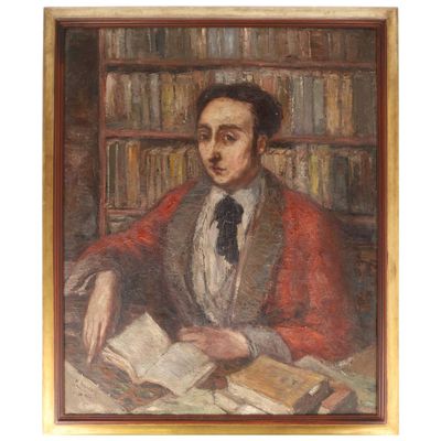 tableau représentant un homme assis à une table, un livre devant lui