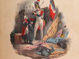 an old book with a picture of a man on a horse